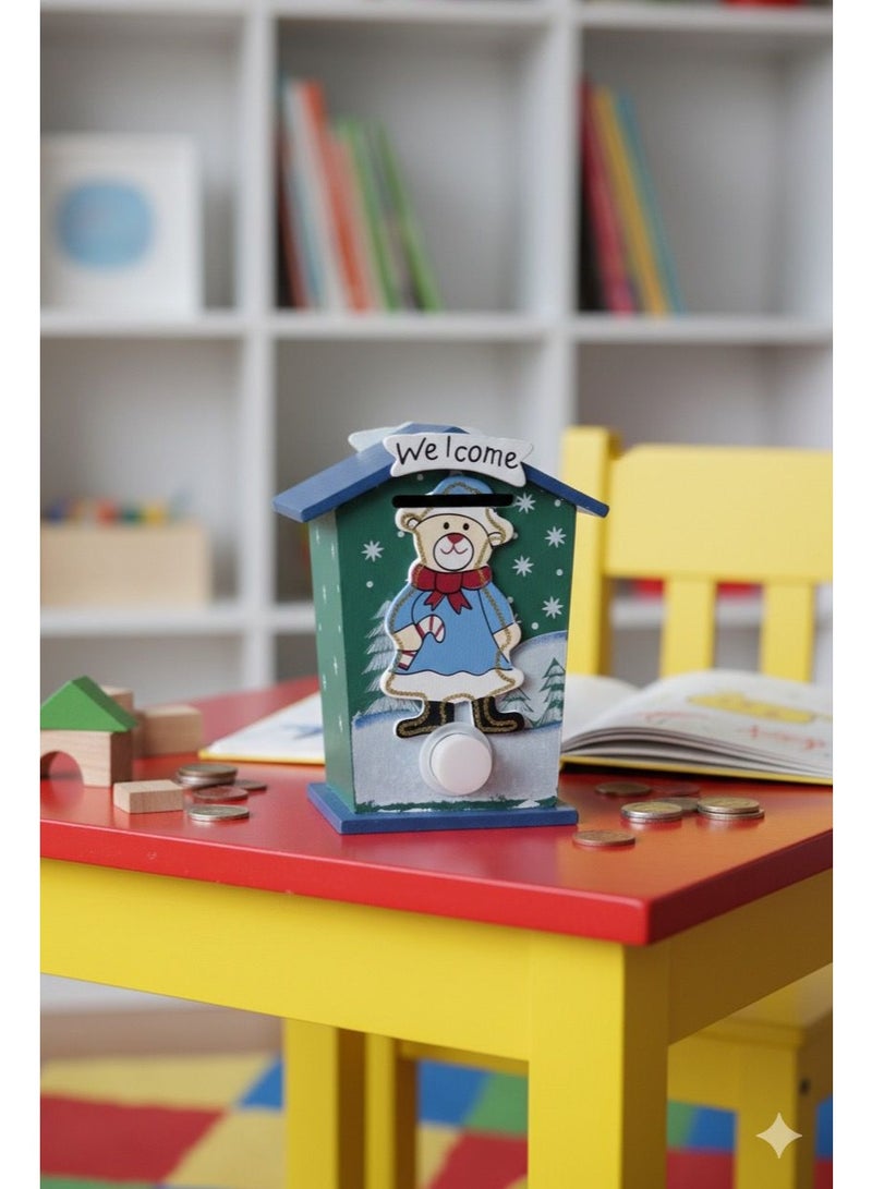ويلكم حصالة نقود على شكل دب ترحيبي للأطفال - صندوق توفير خشبي للشتاء بتصميم لطيف، هدية عيد الميلاد وديكور منزلي - Image 2