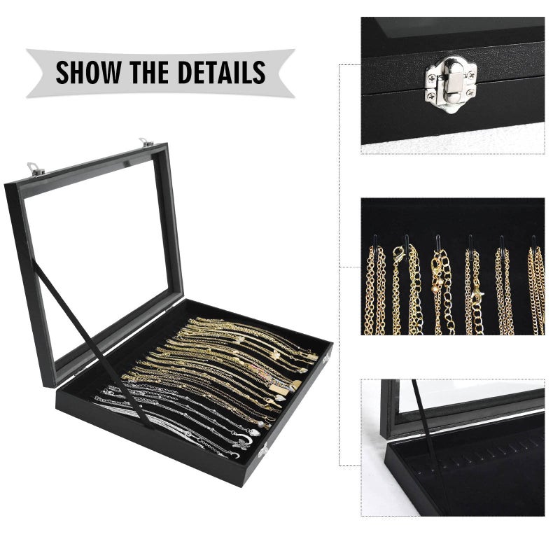Siveit Premium Necklace Organizer Box - 20 Hooks Jewelry Tray with Transparent Lid - Display Box for Necklaces, Pendants - Suitable for Women and Girls (Black) - Image 4