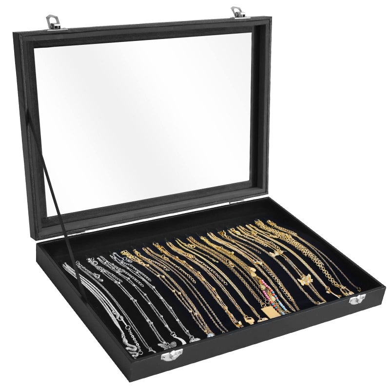 Siveit Premium Necklace Organizer Box - 20 Hooks Jewelry Tray with Transparent Lid - Display Box for Necklaces, Pendants - Suitable for Women and Girls (Black) - Image 1
