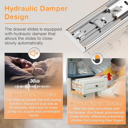 YENUO Soft Close Stainless Steel Full Extension Drawer Slides Side Mount 10 12 14 16 18 20 22 24 inch Ball Bearing Rails Track Guide Glides Runners Heavy 100 lb (Stainless Soft Close-1 Pair, 12 Inch) - Image 4