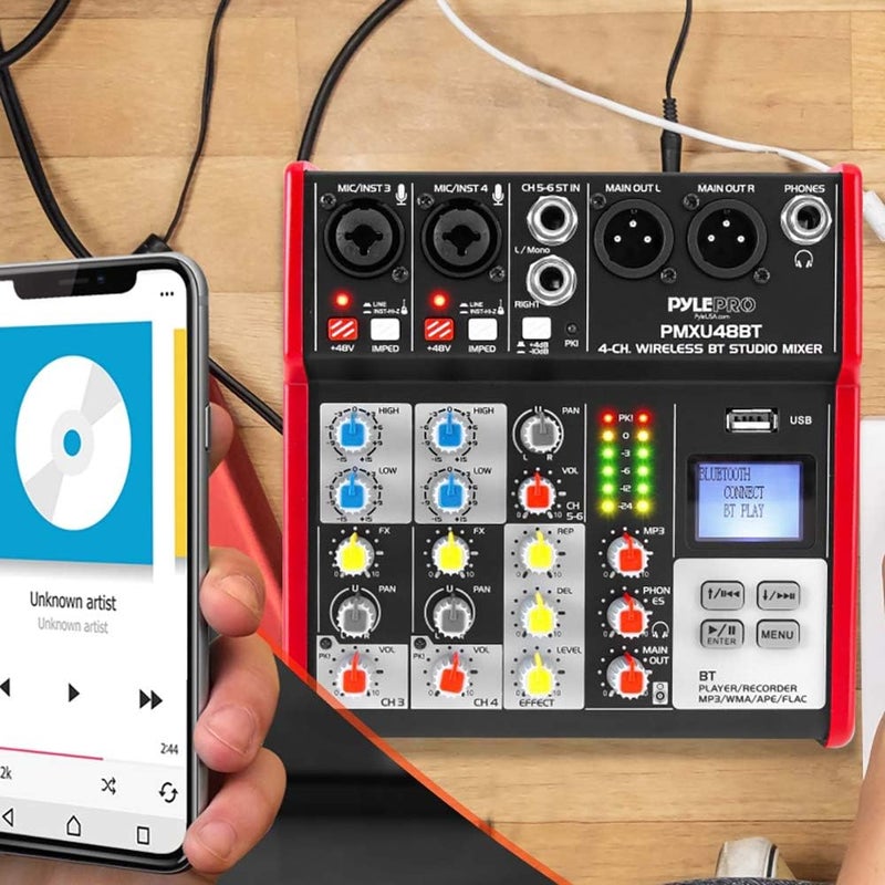 Pyle Studio Audio Sound Mixer Board - 4 Channel Bluetooth Compatible Professional Portable Digital DJ Mixing Console with USB Mixer Audio Interface - Mixing Boards For Studio Recording - PMXU48BT - Image 4