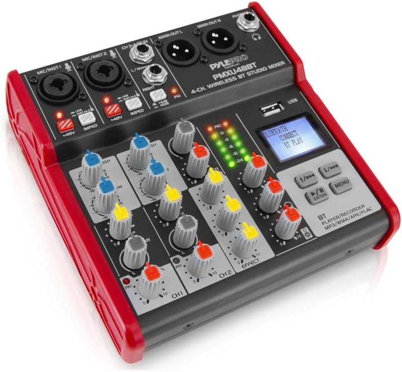 Pyle Studio Audio Sound Mixer Board - 4 Channel Bluetooth Compatible Professional Portable Digital DJ Mixing Console with USB Mixer Audio Interface - Mixing Boards For Studio Recording - PMXU48BT - Image 1