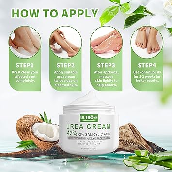 Ultrove كريم يوريا 42 مع 2 حمض الساليسيليك لإزالة الكالو والجلد الميت يرطب بعمق ويصلح البشرة الجافة المتشققة والخشنة في الكعب والمرفق والركبة كريم قدم يوريا فعال 200 جرام - Image 5