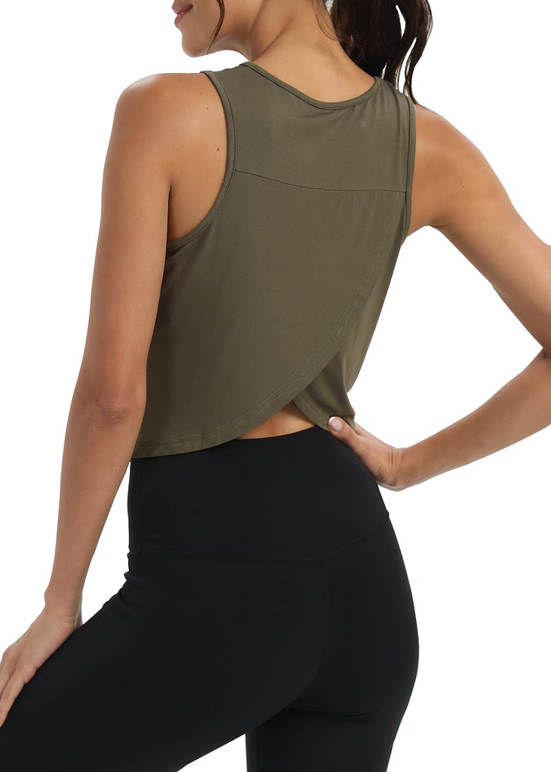 Mippo Crop Tops Workout Tank Tops Muscle Tank Athletic Tops Flowy Loose Workout Shirts for Women Loose Fit Army Green S - Image 4