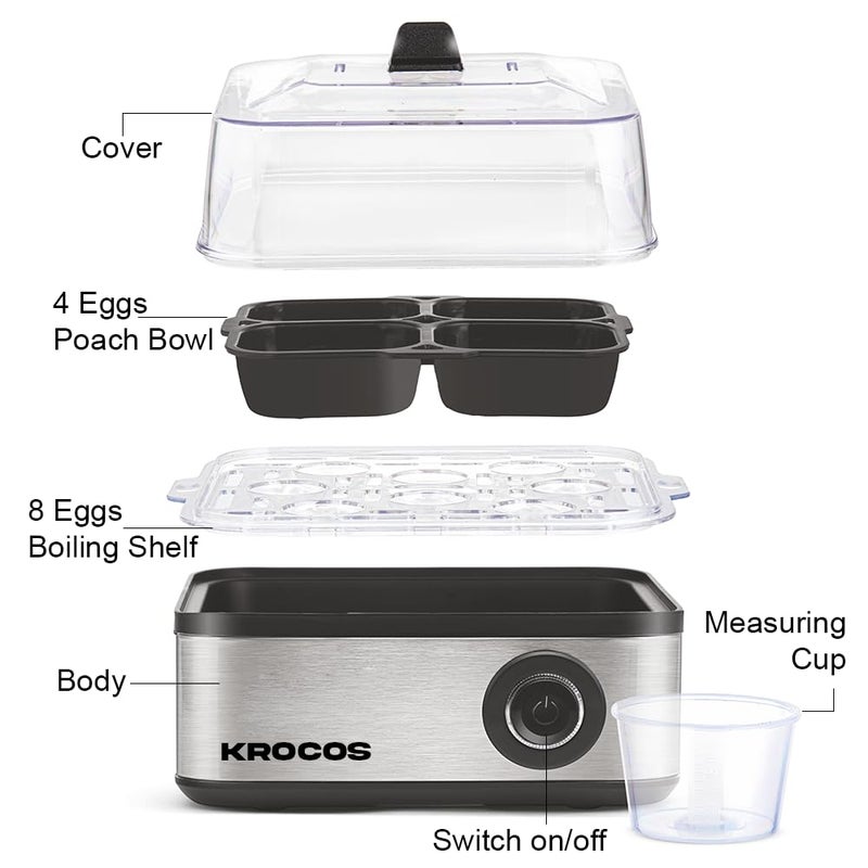 KROCOS KROCOS 2in1 Stainless Steel Egg Boiler Poacher Boils 8 Eggs Poaches 4 Eggs Steams Vegetables 3 Boiling Modes 500W Power Transparent Lid Auto TurnOff Silver  - Image 2