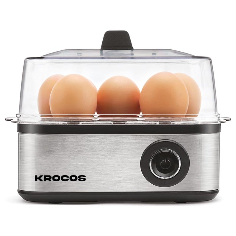 KROCOS KROCOS 2in1 Stainless Steel Egg Boiler Poacher Boils 8 Eggs Poaches 4 Eggs Steams Vegetables 3 Boiling Modes 500W Power Transparent Lid Auto TurnOff Silver  - Image 1
