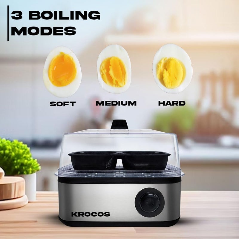 KROCOS KROCOS 2in1 Stainless Steel Egg Boiler Poacher Boils 8 Eggs Poaches 4 Eggs Steams Vegetables 3 Boiling Modes 500W Power Transparent Lid Auto TurnOff Silver  - Image 4