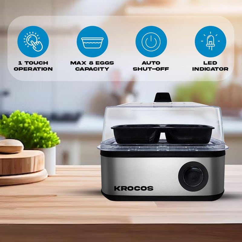 KROCOS KROCOS 2in1 Stainless Steel Egg Boiler Poacher Boils 8 Eggs Poaches 4 Eggs Steams Vegetables 3 Boiling Modes 500W Power Transparent Lid Auto TurnOff Silver  - Image 3