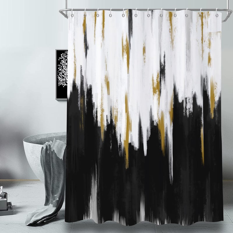 Caheansi Black and White Shower Curtain, Black White Gold Brush Strokes Graffiti Oil Painting Modern Art Abstract Bathroom Curtain Waterproof Fabric Machine Washable with Hooks, 72" Wx72 L - Image 2