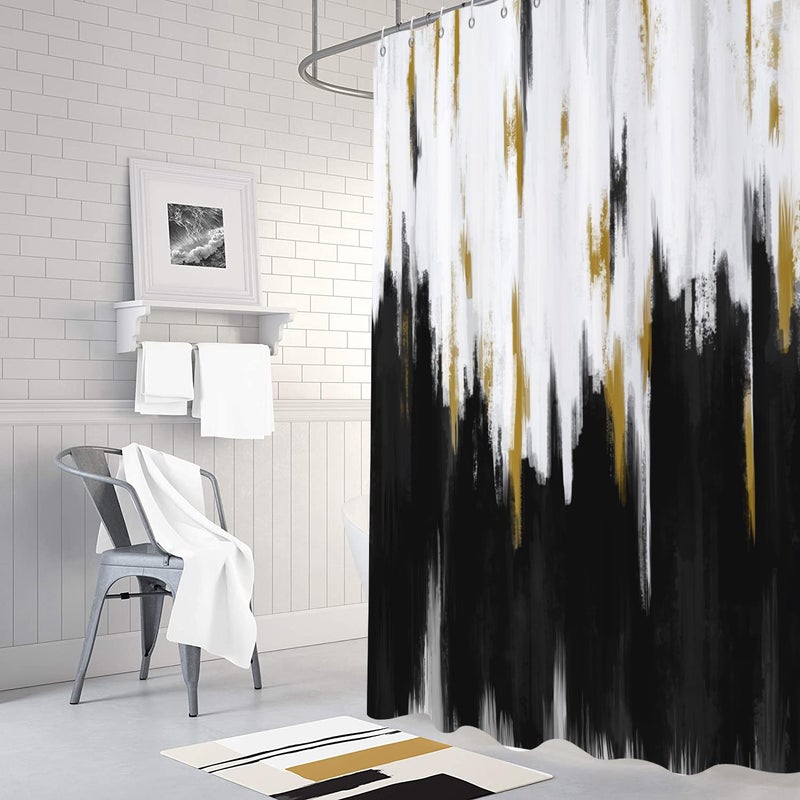 Caheansi Black and White Shower Curtain, Black White Gold Brush Strokes Graffiti Oil Painting Modern Art Abstract Bathroom Curtain Waterproof Fabric Machine Washable with Hooks, 72" Wx72 L - Image 3