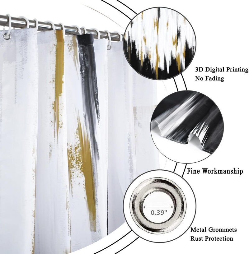 Caheansi Black and White Shower Curtain, Black White Gold Brush Strokes Graffiti Oil Painting Modern Art Abstract Bathroom Curtain Waterproof Fabric Machine Washable with Hooks, 72" Wx72 L - Image 5