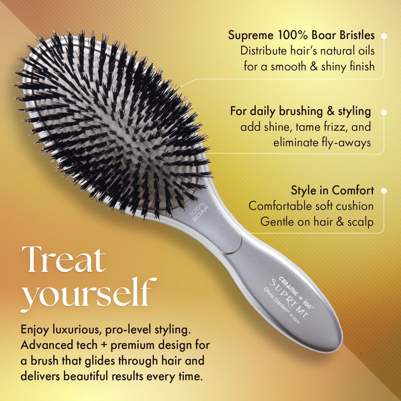 Olivia Garden Ceramic + Ion Supreme Styler Cushion Paddle Brush - Boar & Ionic for Shine, Frizz Control & Smoother Hair - 100% Boar Bristles - Silver - Image 3