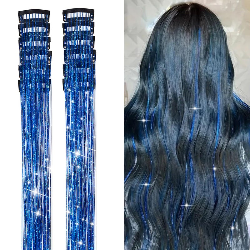 YOOONXI 12Pcs Hair Tinsel Clip in 196Inch Tinsel Hair Extensions Clip in Hair Tinsel Kit Heat Resistant Shiny Sparkle Glitter Hair Extensions Fairy Hair Accessories for Women Girls Kids Blue