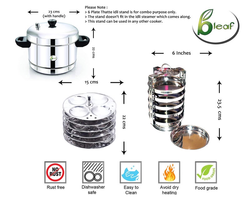 BLeaf Stainless Steel-Induction Idli cooker with Regular Idli Stand/Idli Plates (6 Plates, 24 Idlis) & 6 Plate Thatte Idli Stand (6 Plate, 6 Idli) - Image 3