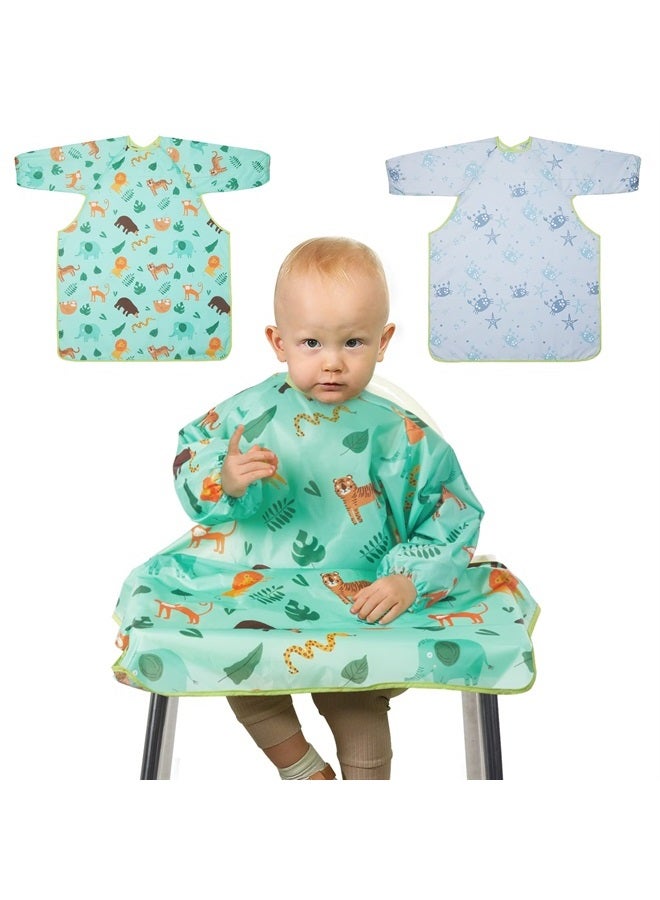 Lictin Coverall Baby Feeding Bibs - 2-Pack Long Sleeve Baby Bibs for Eating, Waterproof Bib Attaches and Fully Cover to Baby Highchair and Table, Adjustable Weaning Bibs, High Chair Food Catcher - Image 1