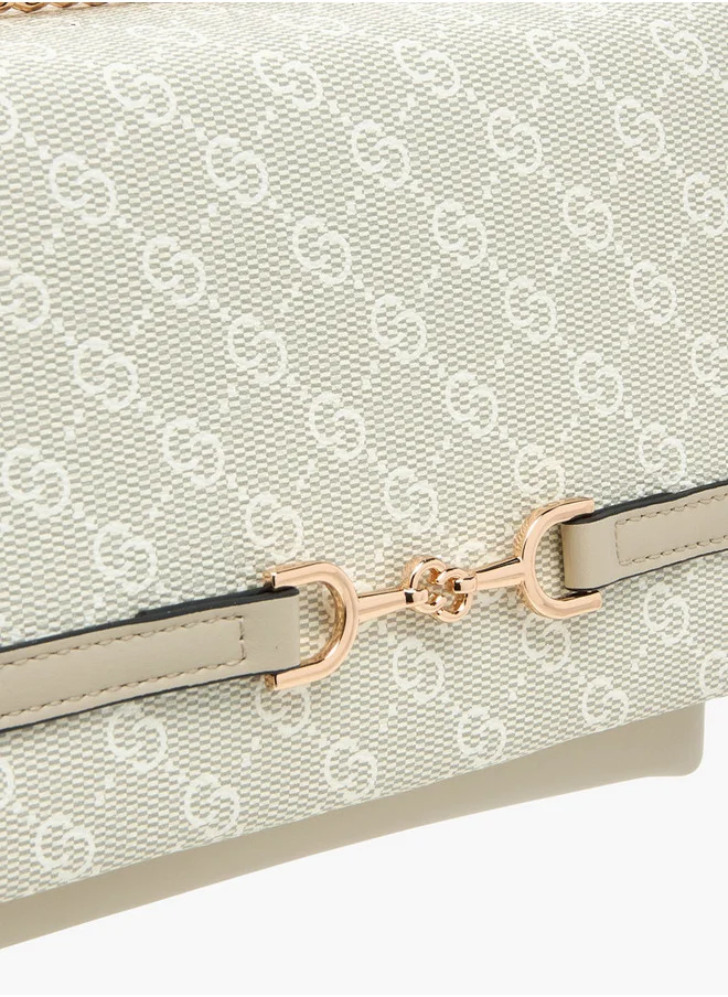 سيليست Monogram Print Cross Body Bag with Flap Closure and Chain Strap