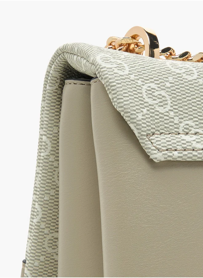 سيليست Monogram Print Cross Body Bag with Flap Closure and Chain Strap