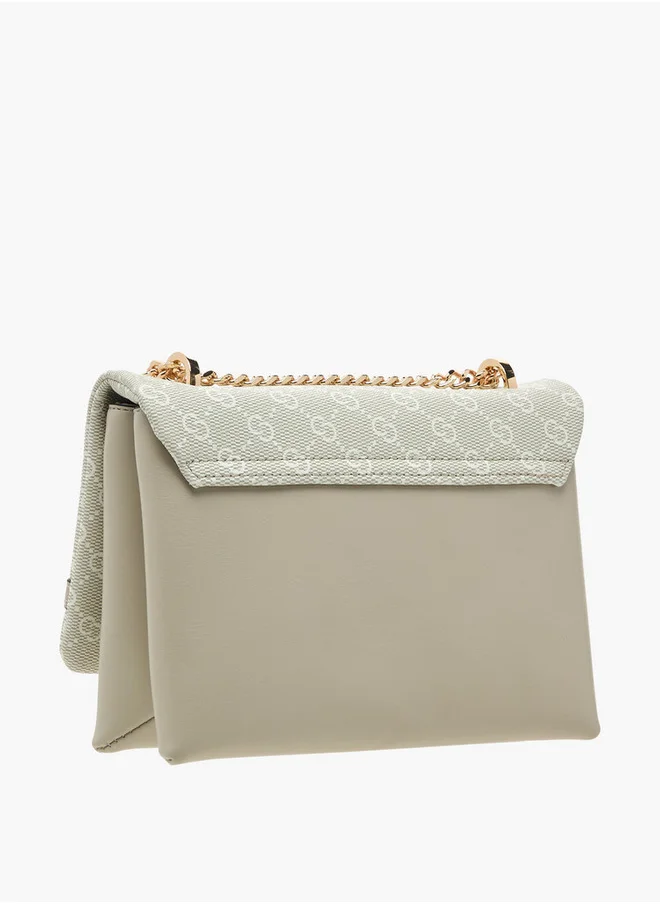 سيليست Monogram Print Cross Body Bag with Flap Closure and Chain Strap