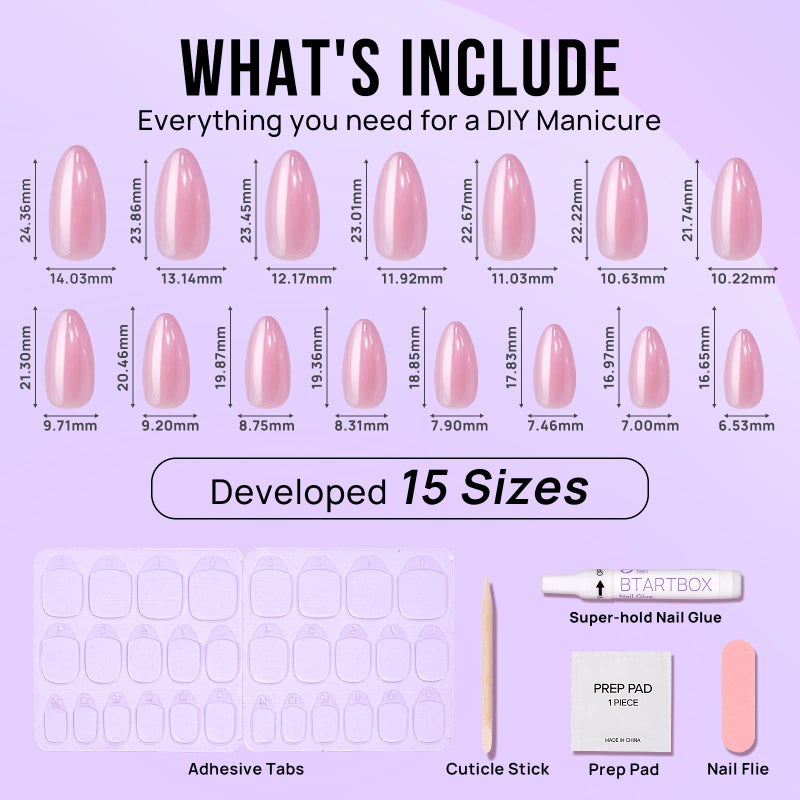 BTArtbox Press On Nails Almond - Soft Gel Press on Nails Pink Chrome Nails, Light Weight & Fit Perfectly, Natural Fake Nail with Nail Glue, Medium Glue On Nails in 15 Sizes - 30 Nail Kit, Lotus Glazed - Image 5