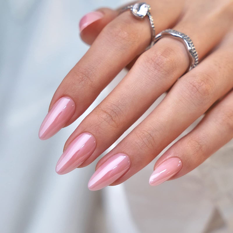 BTArtbox Press On Nails Almond - Soft Gel Press on Nails Pink Chrome Nails, Light Weight & Fit Perfectly, Natural Fake Nail with Nail Glue, Medium Glue On Nails in 15 Sizes - 30 Nail Kit, Lotus Glazed - Image 1