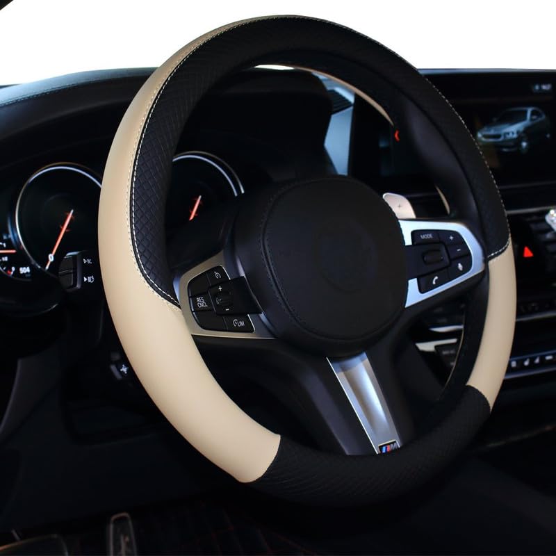 Auto Oprema (Award Winner at INDIA'S Rising Star 2024) Microfiber Leather Auto Car Steering Wheel Cover Universal 15 inch Black/Beige - Image 2
