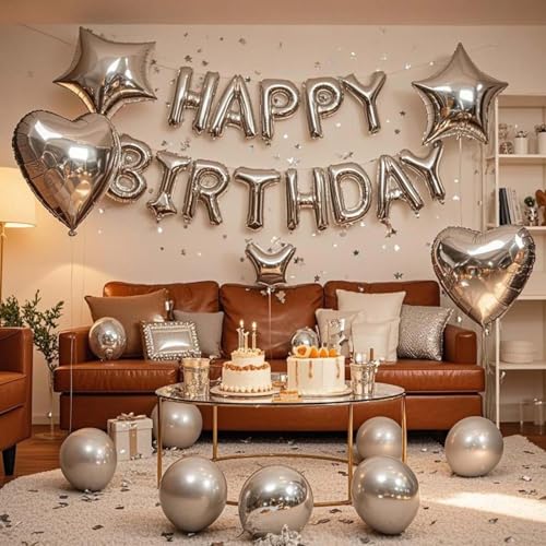 WEIKA 27 Pcs Silver Birthday Decorations 3D Foil Silver Happy Birthday Balloon Banner Pentagram Heart Foil Balloons Confetti Balloons Kit For Boys Girls Birthday Party Supplies - Image 5