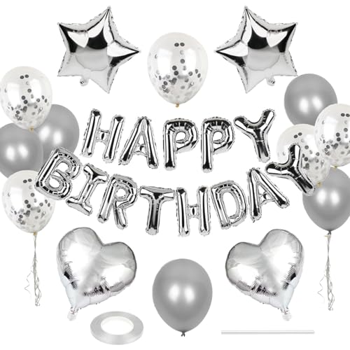 WEIKA 27 Pcs Silver Birthday Decorations 3D Foil Silver Happy Birthday Balloon Banner Pentagram Heart Foil Balloons Confetti Balloons Kit For Boys Girls Birthday Party Supplies - Image 1