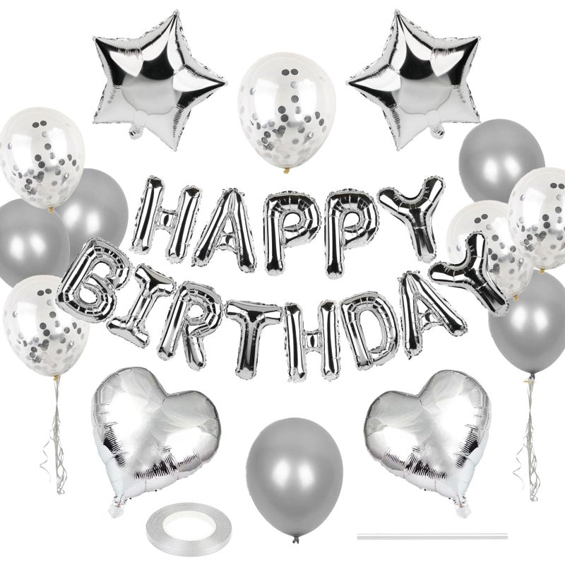 WEIKA 27 Pcs Silver Birthday Decorations 3D Foil Silver Happy Birthday Balloon Banner Pentagram Heart Foil Balloons Confetti Balloons Kit For Boys Girls Birthday Party Supplies - Image 3