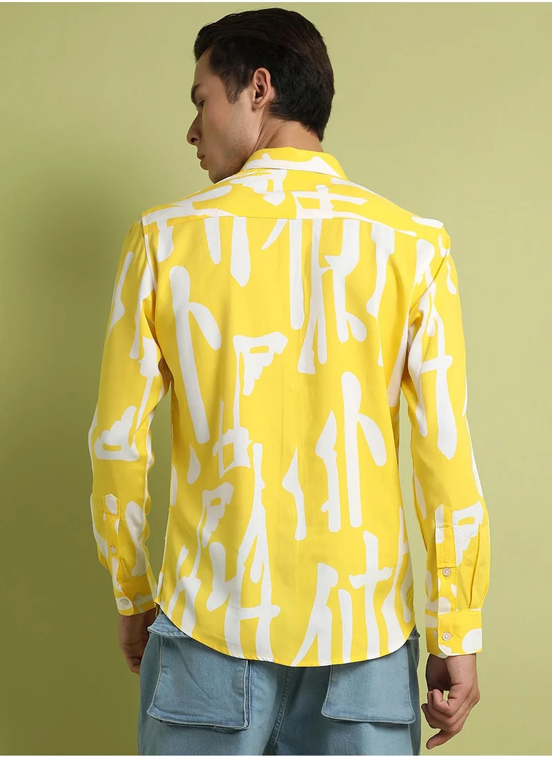 Campus Sutra Men's Lemon Yellow Abstract Print Shirt