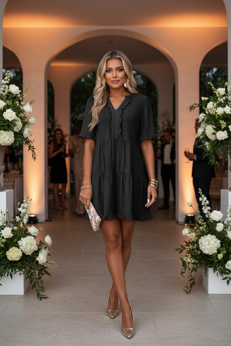 Dokotoo Summer Dresses for Women Short Sleeve V Neck Babydoll Empire Waist Casual Dresses with Sleeve Flowy Swing Plus Size Western Tiered Tunic A Line Dress with Pockets Black Dress XXL - Image 5