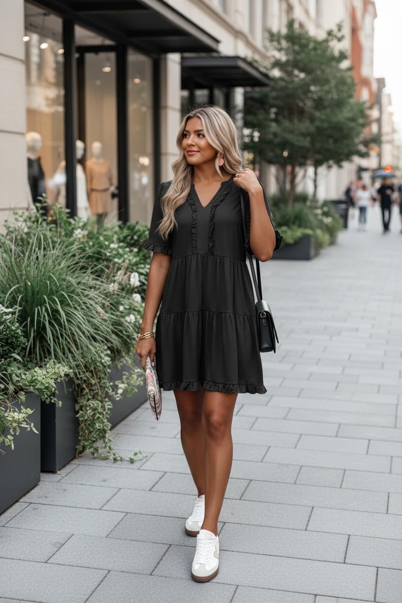 Dokotoo Summer Dresses for Women Short Sleeve V Neck Babydoll Empire Waist Casual Dresses with Sleeve Flowy Swing Plus Size Western Tiered Tunic A Line Dress with Pockets Black Dress XXL - Image 4
