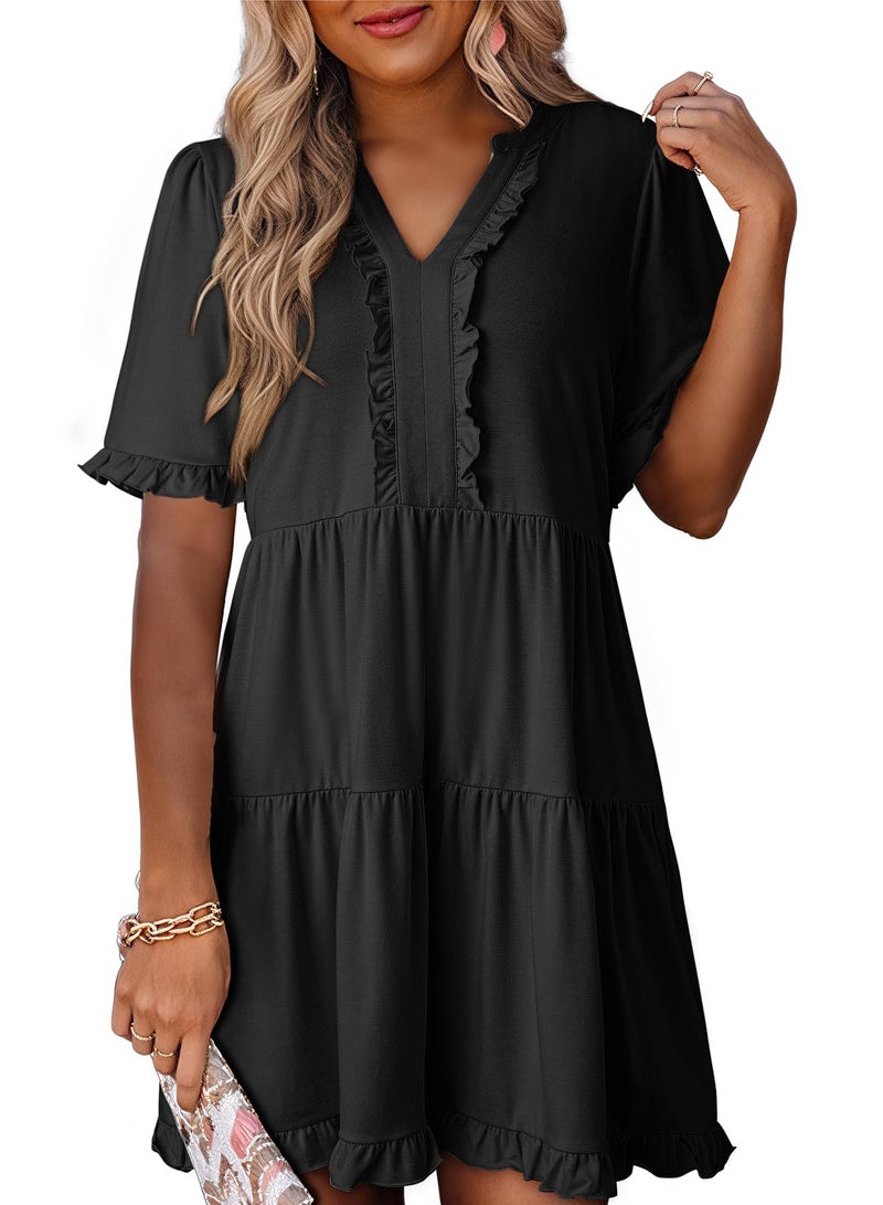 Dokotoo Summer Dresses for Women Short Sleeve V Neck Babydoll Empire Waist Casual Dresses with Sleeve Flowy Swing Plus Size Western Tiered Tunic A Line Dress with Pockets Black Dress XXL - Image 1
