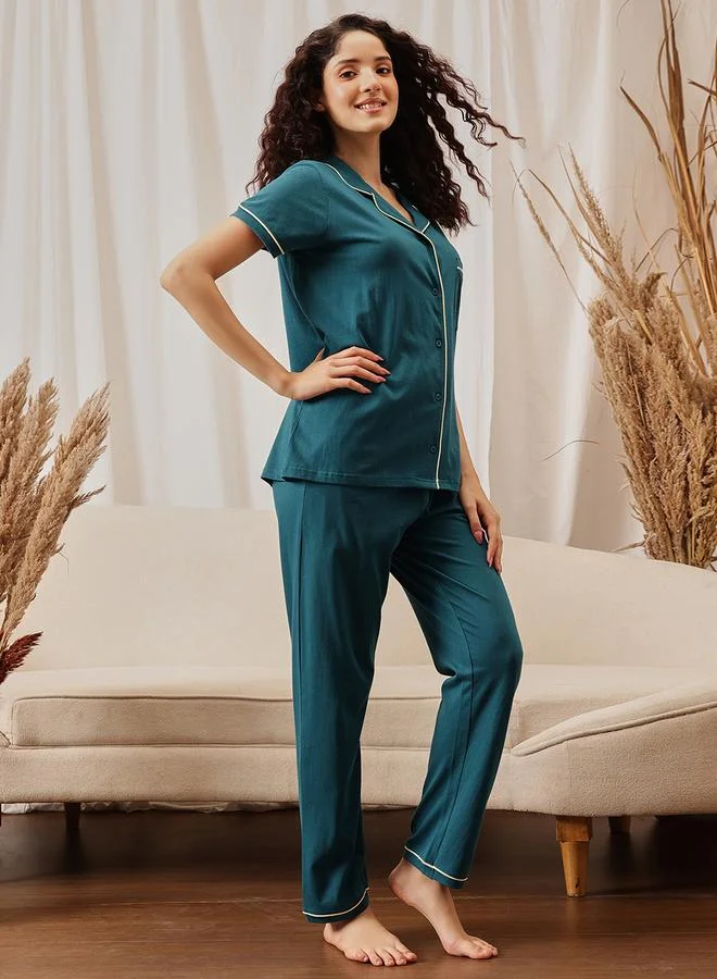 Clovia Green Solid Cotton Shirt and Pyjama Set