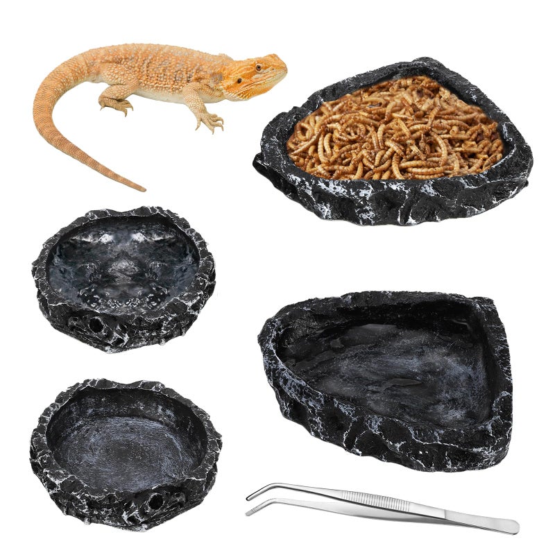 Frcctre 4 Pack Reptile Food Dish with Feeding Tongs, Resin Reptile Water Dish Food Bowl Feeding Terrarium Bowl for Leopard Gecko Lizard Tortoise Frog Bearded Dragon Chameleon - Image 1