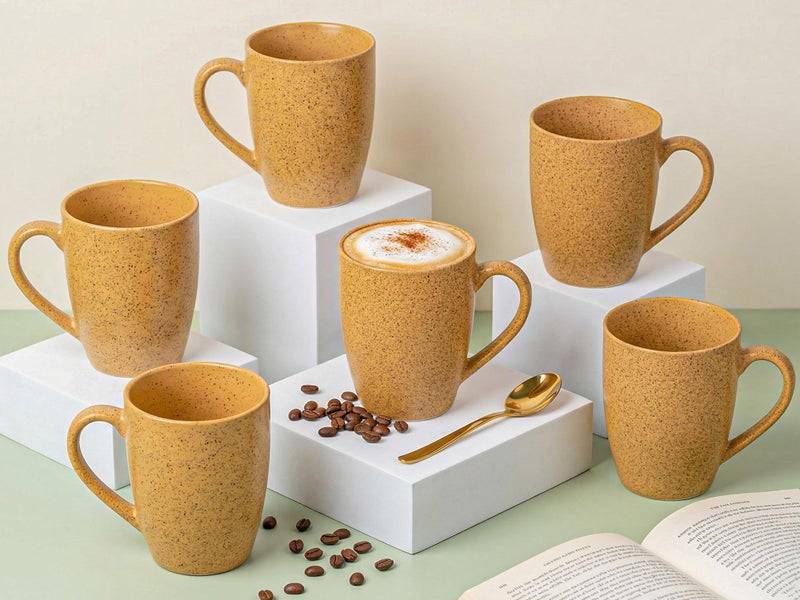 Bodhi House Handcrafted Ceramic Coffee Mug Set of 6 Pieces (300 Ml), Stoneware Tea Cup, Microwave Safe Medium Milk Mug, Matte Finish, Ideal for daily use, Casual Gatherings and Gifting, Mustard Yellow - Image 1