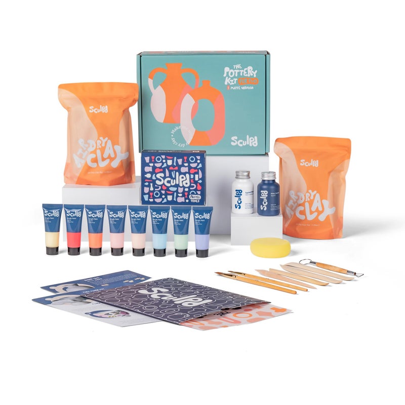 Sculpd Pottery Starter Kit  Complete Air Dry Clay  Painting Beginner Set for 2 Adults Includes Sculpting Tools Acrylic Paint Brushes Easy Guide Video Tutorial  More  Date Night Crafts Gift