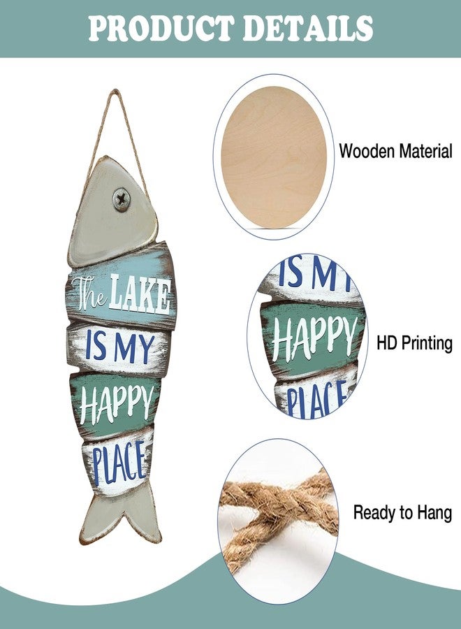Bolisom The Lake is My Happy Place Fish Front Door Sign, Lake House Wood Hanger Outdoor Outside Porch Home Decor, Farmhouse Rustic Wooden Wreath Indoor Wall Hanging Decoration - Image 3