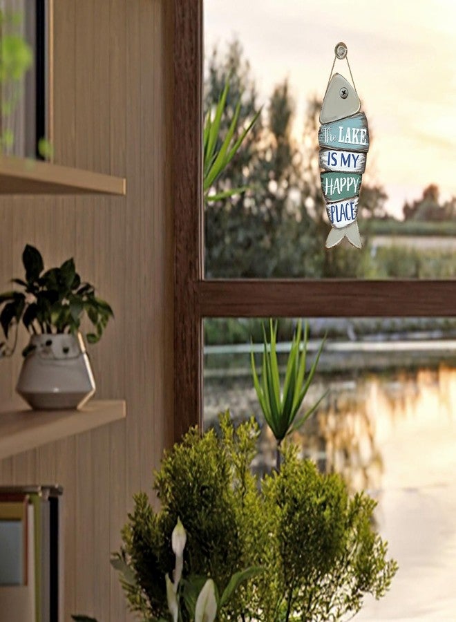Bolisom The Lake is My Happy Place Fish Front Door Sign, Lake House Wood Hanger Outdoor Outside Porch Home Decor, Farmhouse Rustic Wooden Wreath Indoor Wall Hanging Decoration - Image 5
