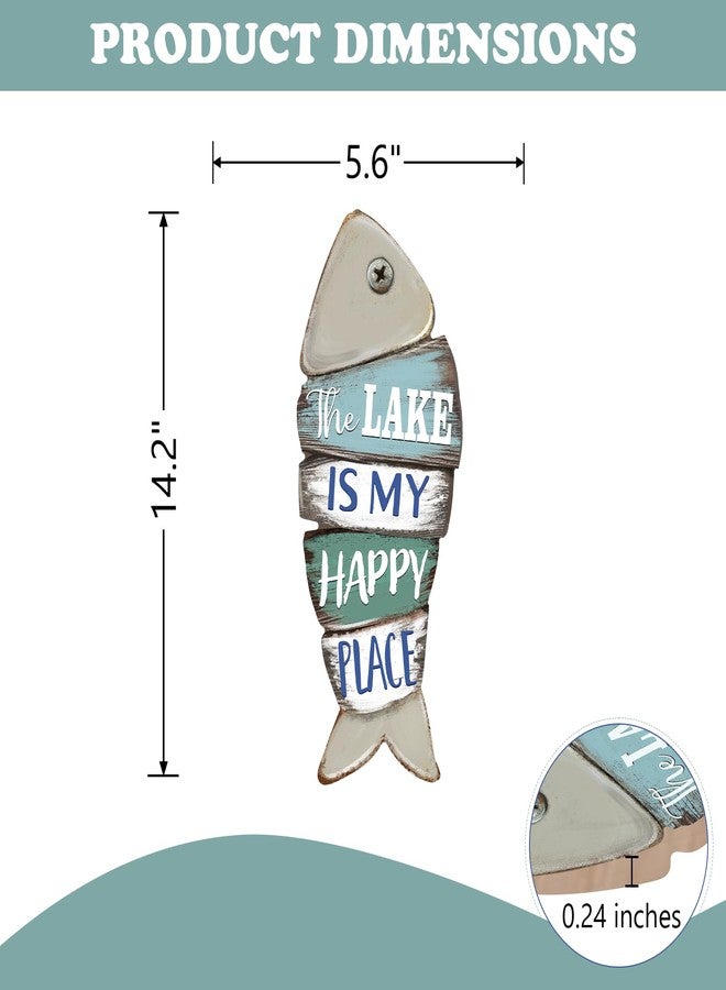 Bolisom The Lake is My Happy Place Fish Front Door Sign, Lake House Wood Hanger Outdoor Outside Porch Home Decor, Farmhouse Rustic Wooden Wreath Indoor Wall Hanging Decoration - Image 2