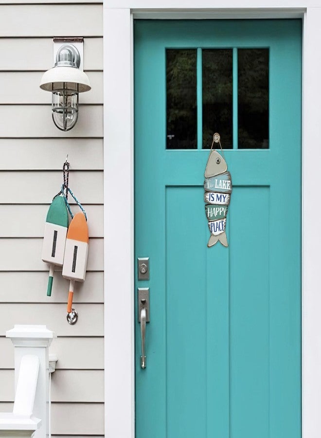 Bolisom The Lake is My Happy Place Fish Front Door Sign, Lake House Wood Hanger Outdoor Outside Porch Home Decor, Farmhouse Rustic Wooden Wreath Indoor Wall Hanging Decoration - Image 4