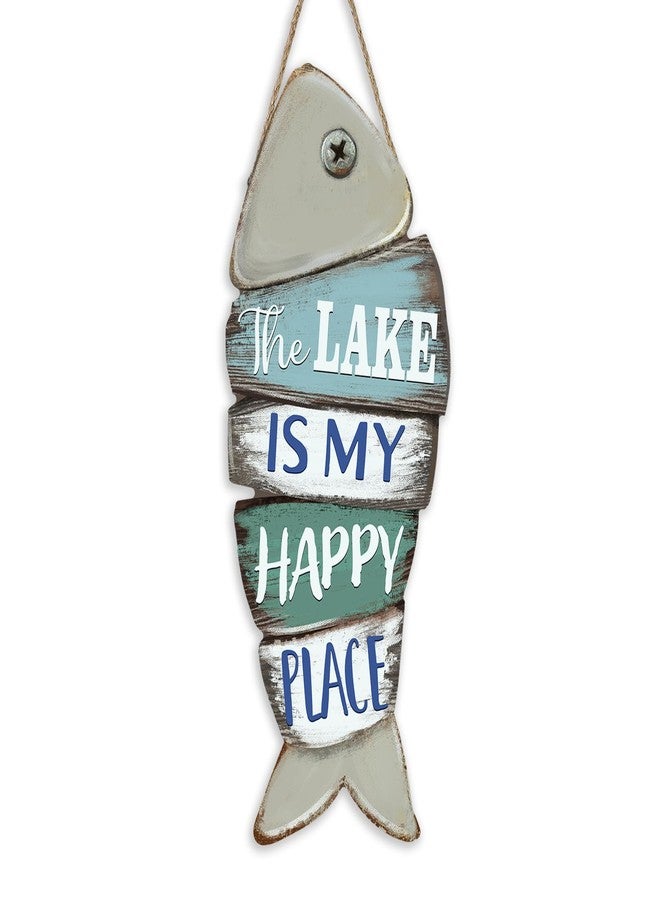Bolisom The Lake is My Happy Place Fish Front Door Sign, Lake House Wood Hanger Outdoor Outside Porch Home Decor, Farmhouse Rustic Wooden Wreath Indoor Wall Hanging Decoration - Image 1