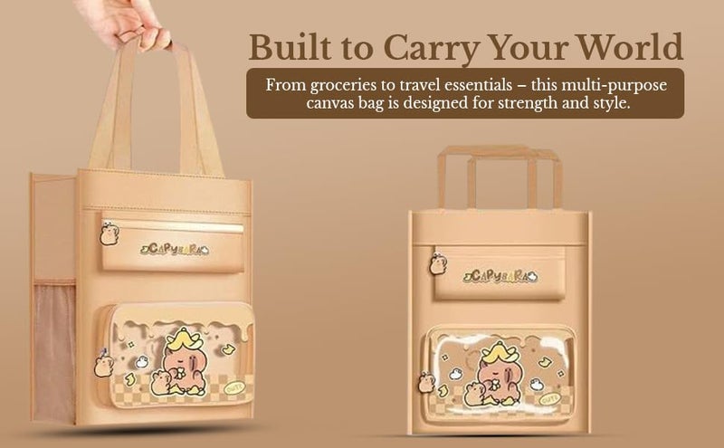 Invite Enterprise Canvas Carrying Bag, Multi-Purpose Shopping, Tote, Vegetable, Lunch, Travel with Handle Strap and Zipper Lock, Water-Proof Reusable Bag (Capybara - Bag) - Image 5