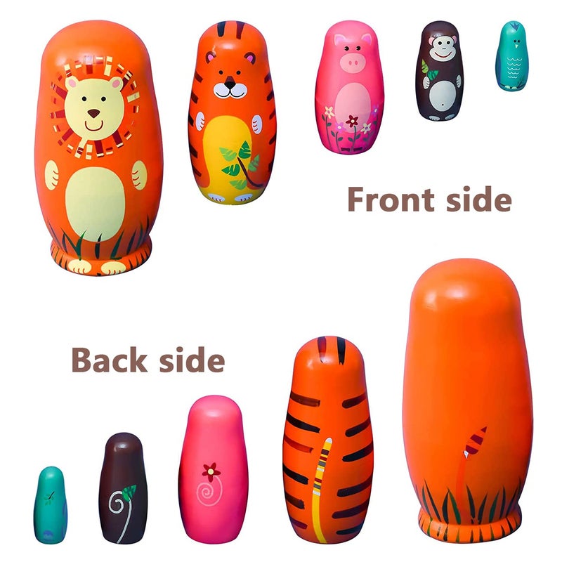 Conzy Russian Nesting Dolls for Kids, Stacking Wooden Handmade Matryoshka Dolls, 5 Piece Cute Cartoon Animal Pattern, Great Toy Gift for Girls Boys' Birthday or Home Decoration (Orange) - Image 2