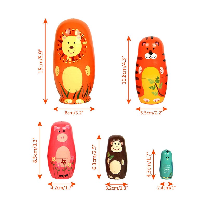Conzy Russian Nesting Dolls for Kids, Stacking Wooden Handmade Matryoshka Dolls, 5 Piece Cute Cartoon Animal Pattern, Great Toy Gift for Girls Boys' Birthday or Home Decoration (Orange) - Image 3