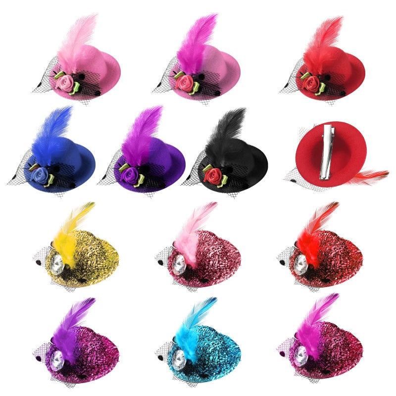 MTLEE 12 Pcs Mini Tea Party Hats Dress up Hair Fascinator Clip on Tiny Hat with Flower Feather Bow for Women Costume Accessory, 2.75 Inch - Image 1