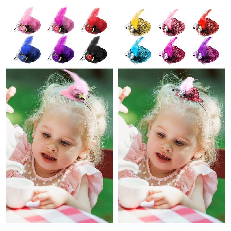 MTLEE 12 Pcs Mini Tea Party Hats Dress up Hair Fascinator Clip on Tiny Hat with Flower Feather Bow for Women Costume Accessory, 2.75 Inch - Image 3