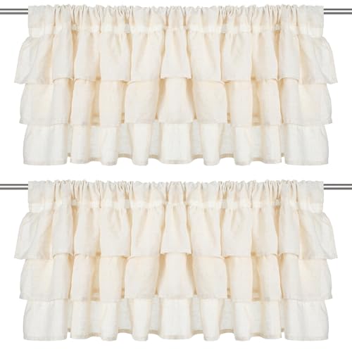 Batiyeer 2 Pcs Frilled Ruffled Curtain Valances Linen Window Kitchen Curtain Valance 50W 18L Light Filtering Vintage Farmhouse Decor for Living Room Bedroom Bathroom Small Window Treatment - Image 1