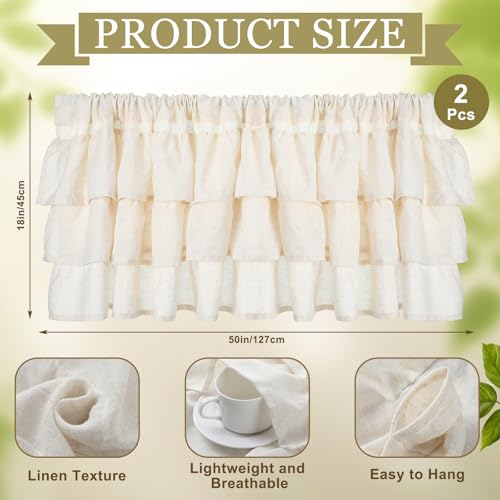 Batiyeer 2 Pcs Frilled Ruffled Curtain Valances Linen Window Kitchen Curtain Valance 50W 18L Light Filtering Vintage Farmhouse Decor for Living Room Bedroom Bathroom Small Window Treatment - Image 3