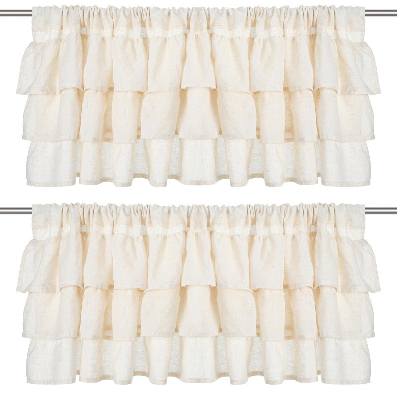 Batiyeer 2 Pcs Frilled Ruffled Curtain Valances Linen Window Kitchen Curtain Valance 50W 18L Light Filtering Vintage Farmhouse Decor for Living Room Bedroom Bathroom Small Window Treatment - Image 2