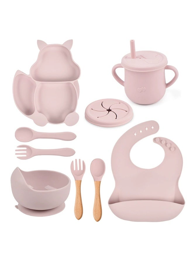 8 Pcs Baby Feeding Set, Food-grade Silicone Baby Tableware Set, Squirrel Baby Cutlery and Plates Set, Non-Slip Infant Dinnerware Set, Baby Self Feeding Utensils